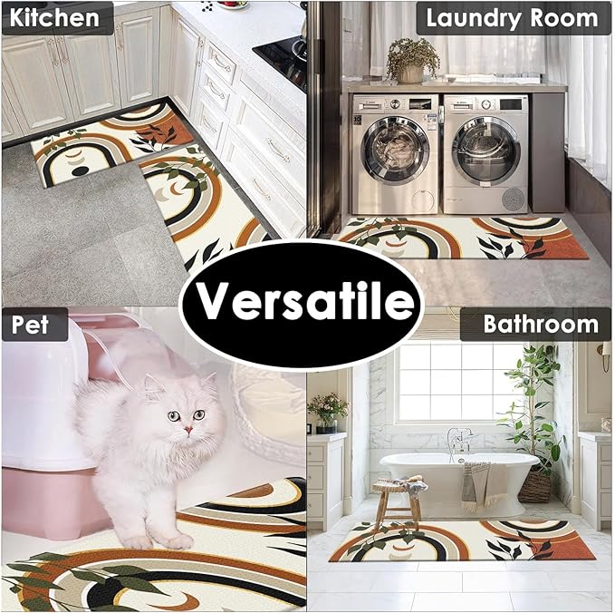 Kitchen Mats for Floor 2 PCS, Anti Fatigue Mat Set, Boho Cushioned Non Slip Waterproof Kitchen Rugs, Wipe Clean PVC Leather Runner for Sink, Laundry, Office, 17"x47"+17"x29", Orange