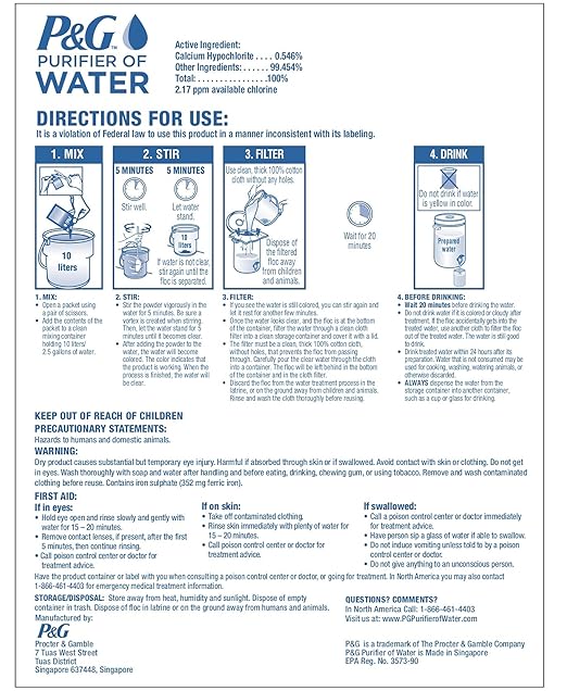 P&G Purifier of Water Portable Water Purifier Packets (240 Packets) - Emergency Water Filter Purification Powder for Emergency Kit, Survival, Camping, Hiking, Backpacking, and Disaster Preparedness