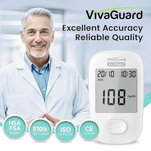 VivaGuard Talking Blood Glucose Monitor Kit,1 Glucose Meter 1 Lancing Device 100 Glucometer Strips & 100 Lancets,Blood Sugar Diabetes Testing Kit for Home use with Carrying Case Batteries,No Coding