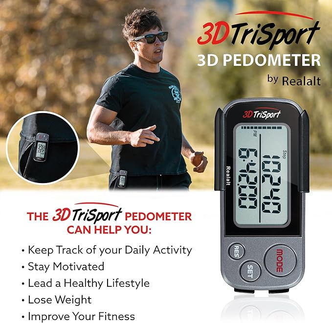 Realalt 3DTriSport 3D Walking Pedometer with Clip & Strap, Accurate Step Counter with 30-Day Memory, Distance in Miles/KM with Large Display Perfect for Seniors & Beginners, eBook Included