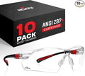 NoCry Safety Glasses with Clear Anti Fog Scratch Resistant Wrap-Around Lenses and No-Slip Grips, UV Protection. Adjustable, Black & Red Frames (10 pack)