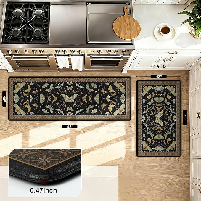 Yinhua Kitchen Rugs Sets of 2, Black Insect Kitchen Rugs Non Slip Washable, Farmhouse Anti Fatigue Mats for Kitchen Floor, PVC Waterproof Rug for Spring Summer, 18"x30"+18"x48"