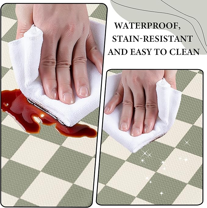 Beige Sage Checkered Grid Checkerboard Kitchen Rug Sets [2 PCs], Anti-Fatigue, Waterproof Non-Slip Kitchen Mats Heavy Duty Comfort Foam Rug for Kitchen, Floor, Laundry,17"x29"