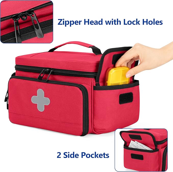 CURMIO Medicine Storage Bag Empty, Lockable Pill Bottle Organizer with Portable Zippered Pouches for First Aid Kits, Medicine Box for Home and Travel, Red (Patent Pending)