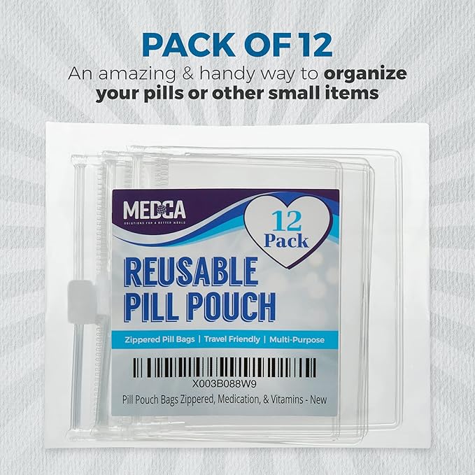 Zippered Pill Pouch Bags - 12 Pcs, Slide Lock Clear Plastic Mini Bags, BPA-Free for Pills Vitamins, Supplements, Medications, Jewelry, Crafts, Small Objects - Self-Sealing, Reusable, Travel-Friendly
