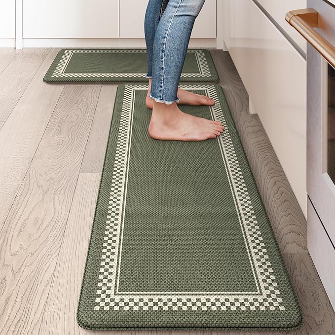 Anti Fatigue Kitchen Mats for Floor 2PCS, Non Slip Kitchen Rugs and Mats, Memory Foam Kitchen Mat, Heavy Duty Ergonomic Comfort Rugs for Kitchen Floor, Office, Sink, Green