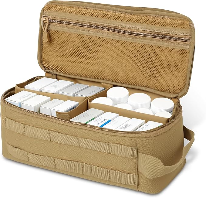 First Aid Bag Empty,Travel Bag Empty Pill Box Organizer, Portable Travel Pill Bottle Organizer for Home Outdoor Emergency Traveling(brown,13.78 x 5.91 x 4.72 in)