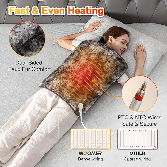 Woomer Heating Pad for Back Pain Relief, Extra Large Electric Heating Pad for Period Cramps, Moist&Dry Options, 6 Heat Setting, 2H Auto-Off, Cozy Faux Fur, 20” x 24”, Marble Grey