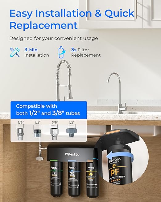 Waterdrop TSB-10-PF Under Sink Water Filter, 𝐑𝐞𝐝𝐮𝐜𝐞𝐬 𝟖𝟎+ 𝐈𝐦𝐩𝐮𝐫𝐢𝐭𝐢𝐞𝐬-PFAS, Chlorine, Chloramine, Fluoride, Taste&Odor, 9 Layer Under Sink Water Filtration System,with A Extra Faucet