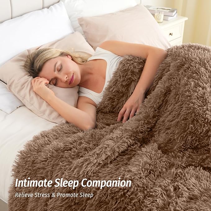 Wemore Shaggy Long Fur Faux Fur Weighted Blanket,Cozy and Fluffy Plush Sherpa Long Hair Blanket for Adult 20lbs,Fluffy Fuzzy Sherpa Reverse Heavy Blanket for Bed,Couch, Brown 60 x 80 Inches