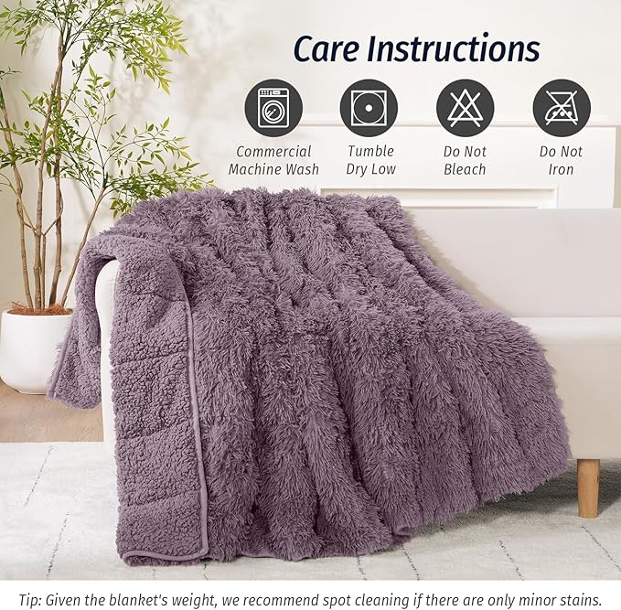 Wemore Shaggy Long Fur Faux Fur Weighted Blanket, Cozy and Fluffy Plush Sherpa Long Hair Blanket for Adult 15lbs, Fluffy Fuzzy Sherpa Reverse Heavy Blanket for Bed, Couch, Pink Purple, 48 x 72 Inches
