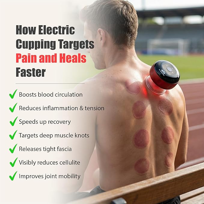 Cupping Therapy Set w/Electric Cupping Machine, 6" Massage Wheel, Peanut Massage Ball – Deep Tissue Massage Tools for Back Pain Relief, Red Light Function, Muscle Recovery