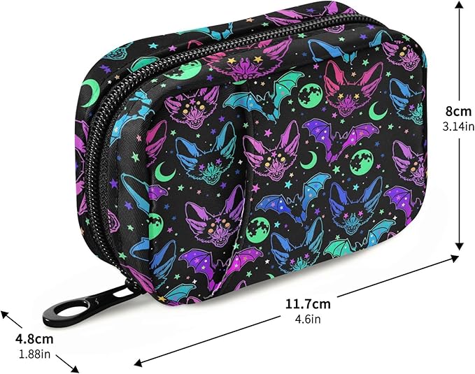 Travel Pill Organizer Bag Weekly Pill Organizer Case Bats Moons and Stars Portable Small Daily Pill Boxes for Vitamin Fish Oils Supplement Holder with Zipper Compact Size