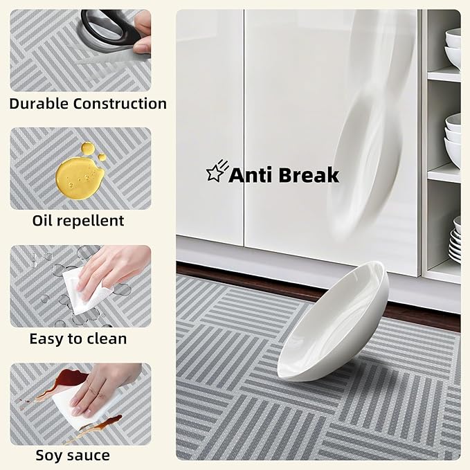 Kitchen Mats For Floor 2 Piece Cushioned Anti Fatigue Kitchen Plaid Rugs Set Non Slip Waterproof Comfort Foam Standing For Laundry,Desk,Office,Bathroom,Apartment Decor,17.3"X29"+17.3"X47",Grey