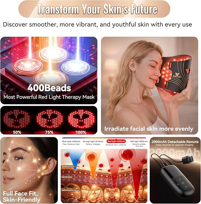 WAYCOM Red Light Therapy for Face: FDA-Cleared 4-Modes Portable LED Light Therapy Mask for Skincare - 400 Beads 850nm Infrared & Red Light Mask at Home with Timing Function Remote & Eye Protection