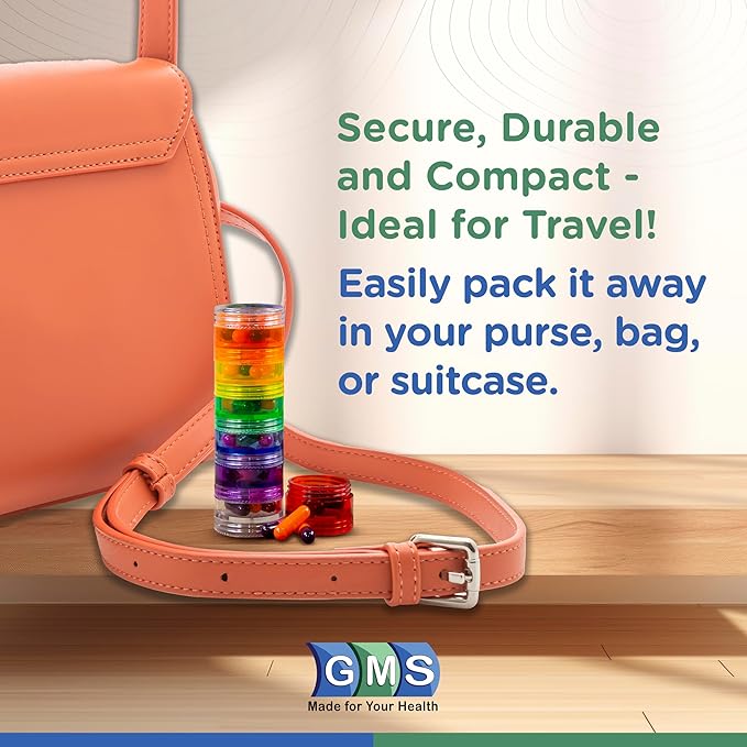 GMS 7 Day Medicine Pill Organizer - Stackable Pill Box - Ideal for Travel - Fits Small Tablets, Pills & Vitamin Supplements - Keep Your Daily & Weekly Medicine Organized in One Place - Small