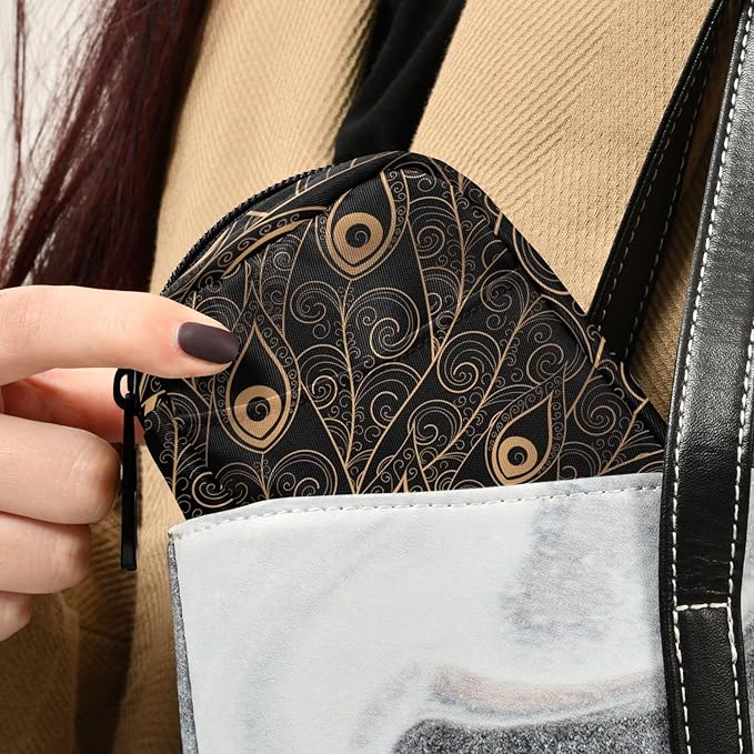 Fustylead Golden Black Peacock Feathers Travel Pill Case Bag with Zipper Weekly Pill Box 8 Compartments 7 Day Personal Pill Case Purse Medicine Case Organizer