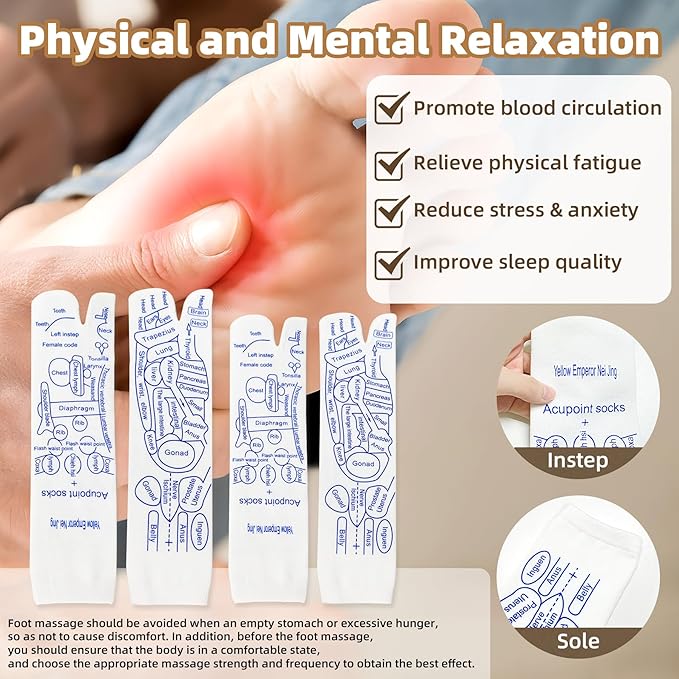 Reflexology Socks & Acupressure Tool - 2 Pair Chiro Socks with Pressure Point Massage for Muscle Tension Relief, Storage Bag Included