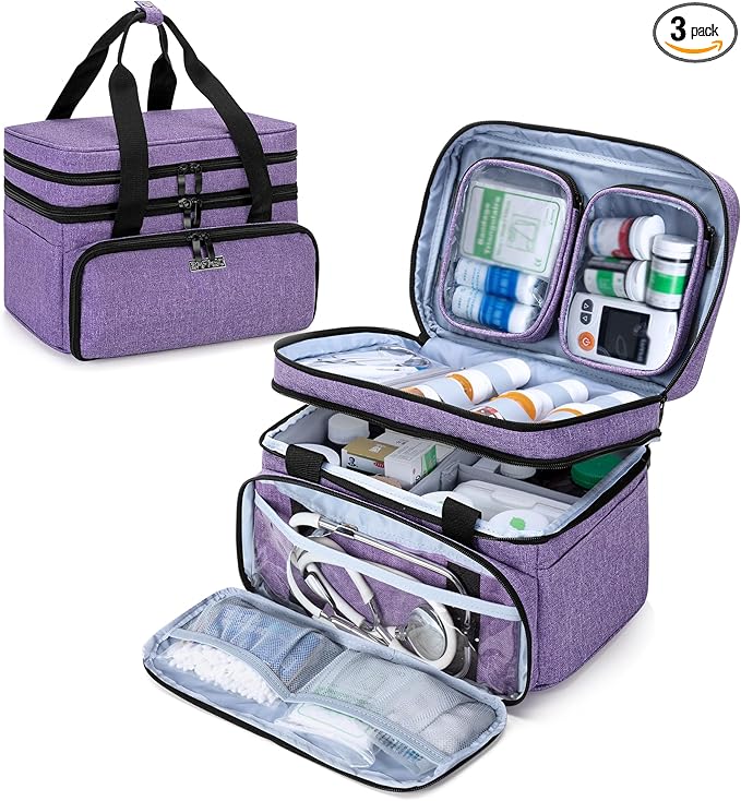 BAFASO Double Layer Medicine Bag with 2 Detachable Pouches, Pill Bottle Organizer for Travel and Daily Use (Bag ONLY), Purple