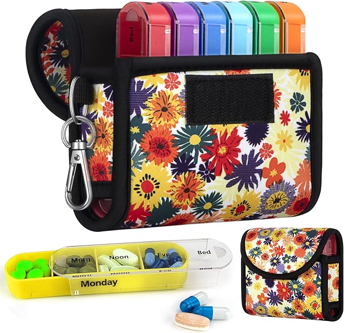 bvya Pill Organizer Case, Weekly Travel Pill Case Medication Reminder Daily AM PM, Day Night 7 Compartments,for 4 Times A Day, 7 Days a Week-Includes Printed Patterns Neoprene Carrying Case