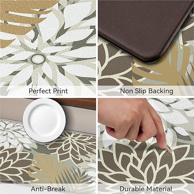 Kitchen Mats for Floor 2 Piece Cushioned Anti Fatigue Kitchen Mats Waterproof Non Slip Kitchen Mat Rug Set Comfort Foam Standing Mat for Sink, Laundry, Office, Brown White