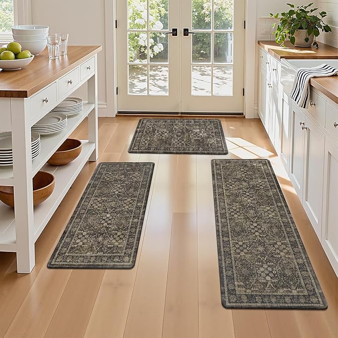 Pauwer Anti Fatigue Kitchen Floor Mats Set of 3, PVC Foam Padded Kitchen Rugs, Non Slip Cushioned Comfort Standing Mat, Waterproof Sink Rug for Small Kitchen Area, Laundry Room, Taupe