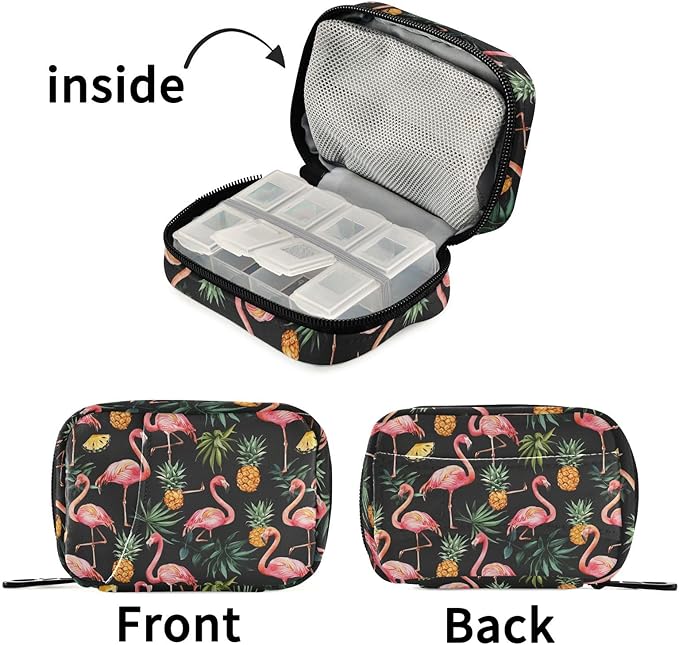 Fustylead Watercolor Vibrant Pink Flamingo and Pineapple Pill Organizer and Storage Weekly with Zipper, Removable Pill Box Portable Medicine Organizer for Vitamin Fish Oil Supplement