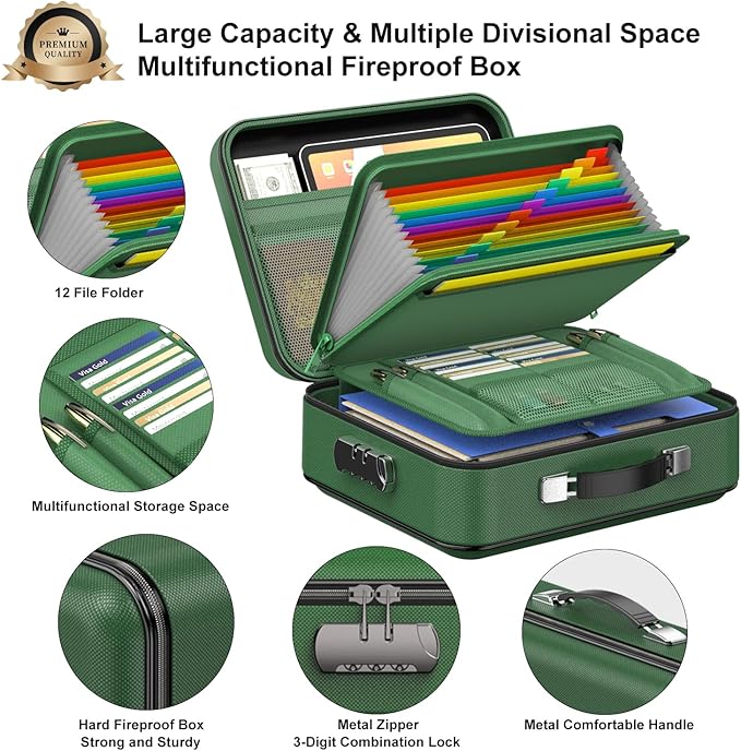 COLCASE Fireproof Document Folder, Hard Fireproof Waterproof Document Box with Lock Creative Hard-Shell Design Fireproof Document Box for Important Documents Certificates Laptop Passports Green