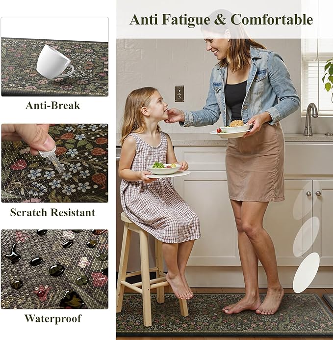 Collive Kitchen Mats for Floor 2PCS, Cushioned Anti Fatigue Rugs Non-Slip Waterproof Kitchen Sink Mat, Green Floral Standing Mat for Bar, Office, Desk, Home Decor