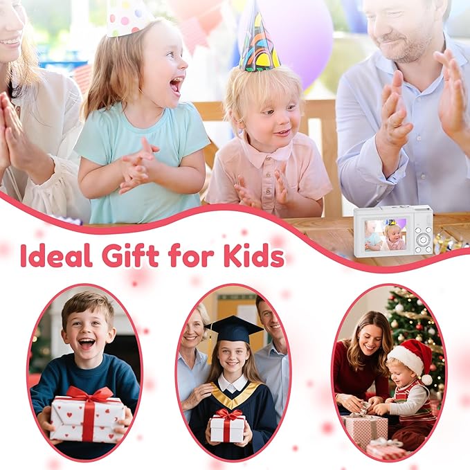 Digital Camera, FHD 4K Digital Point and Shoot Camera with 16X Zoom Anti Shake, 48MP Compact Small Camera with 32GB Card for Boys Girls Kids Snow White