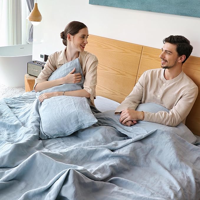 Simple&Opulence Belgian Linen Sheet Set Solid Color - 3 Pieces (1 Flat Sheet, 1 Fitted Sheet & 1 Pillowcase) Natural Flax Cotton Blend Soft Breathable Farmhouse Bedding - Twin Size, Dusty Blue