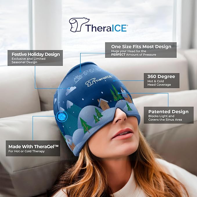 TheraICE Migraine Relief Cap | Soothing Headache Hat Ice Pack Mask | Face Cold Compress Cooling Gel Head Wrap Products for her Sinus Tension Stress Hangover & Puffy Eyes | Great Birthday Gift for Mom