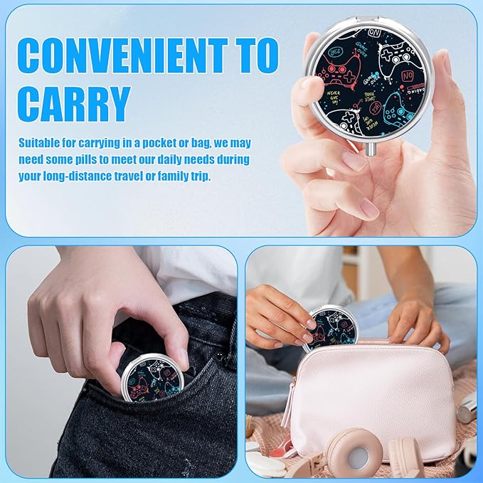 Game Gamepad Pill Case, Pill Box 3 Compartments Metal Small Pill Holder with Mirror Mini Travel Pill Container for Purse Pocket Women Men