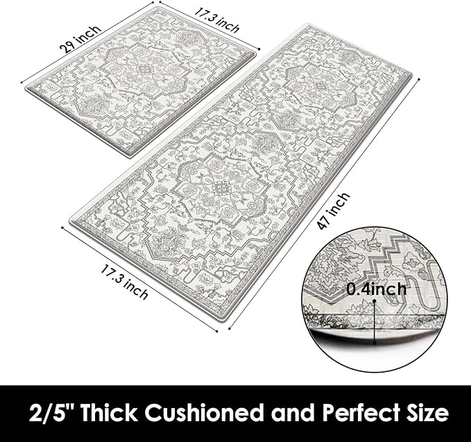 Arttown Boho Anti-Fatigue Kitchen Rug Set of 2 Grey White Cushioned Floor Standing Mat Waterproof Non-Slip Mat and PVC Ergonomic Comfort Foam Rug