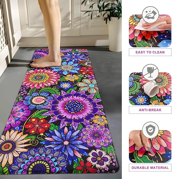 Likiyol Boho Kitchen Rugs Boho Floral Anti Fatigue Kitchen Mat for Floor Bohemian Flowers Non Slip Washable Kitchen Floor Mats, Comfort Standing Mat for Sink, Laundry, 18''x48'', 0.47" Th, Purple