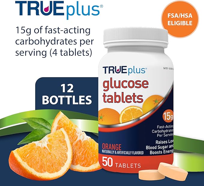 TRUEplus Glucose Tablets, Chewable, Orange Flavor, 15g Fast-Acting Carbohydrates, Fat Free, Gluten Free, Raise Low Blood Sugar and Boost Energy, 50 Count, 12 Bottles