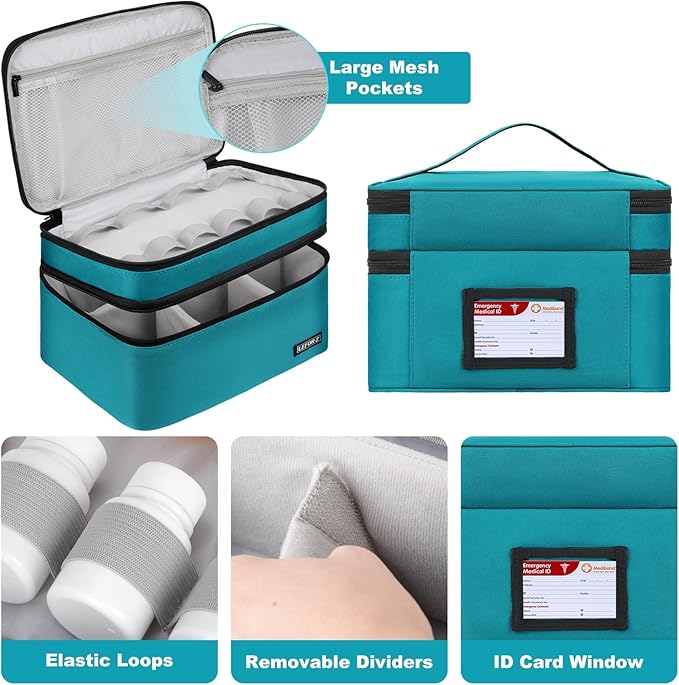Medicine Storage Bag,Double Layers Pill Bottle Organizer Bag Empty with Lockable Zipper&Adjustable Divider,Medication Travel Carrying Bag for Pills,Vitamins,Medical Supplies,Teal Color