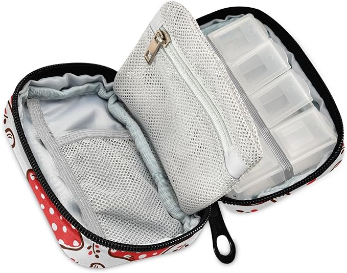 Pill Box Red Mushroom 7 Day Pill Case Travel Pill Organizer Bag with Zipper Portable Weekly Vitamin Medicine Supplement Holder Pouch Bag