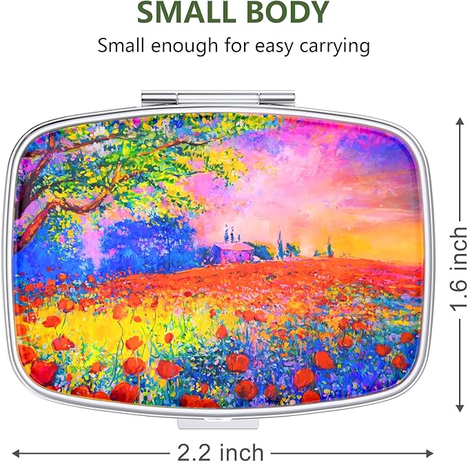 Nipichsha Pill Box, Small Pill Case for Purse & Pocket, Cute Travel Medicine Organizer, Portable Medicine Container Holder to Hold Vitamins, Medication, Fish Oil & Supplements, Oil Painting