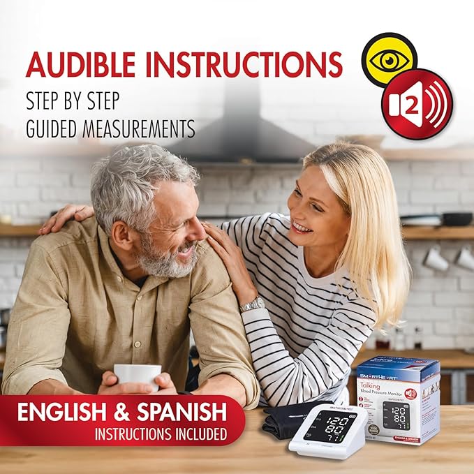 SmartHeart Blood Pressure Monitor | Wide-Range Upper Arm Cuff | Audible English Spanish Instructions and Results for Visually Impaired | 199-Reading Memory