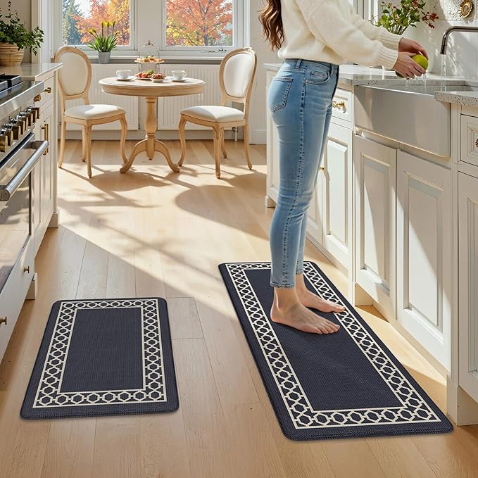 LEEVAN Kitchen Mats for Floor Set of 2,Anti Fatigue Mats for Kitchen Floor,Navy Blue Cushioned Non Slip Boho Standing Mat,Waterproof Memory Foam Comfort Kitchen Floor Mat for Sink(20"x31"+20"x47")