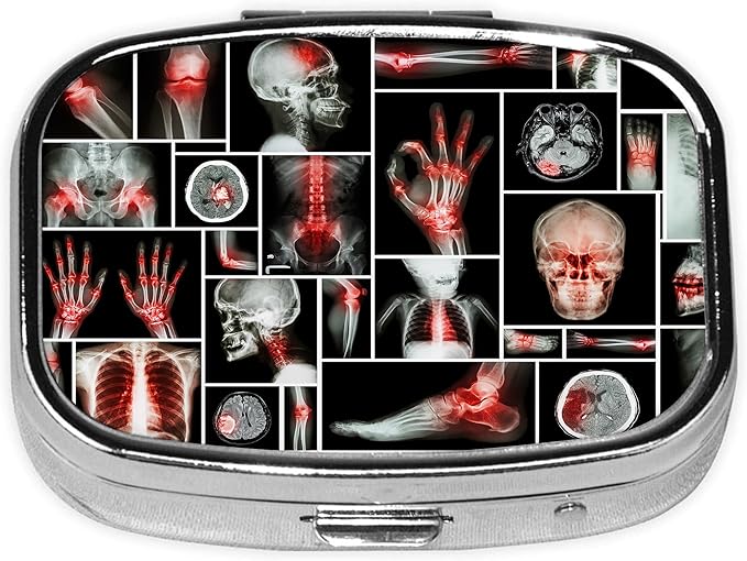 Pill Box-2 Compartment Small Pill Case Square Organizer Case with Mirror Portable Metal Medicine Box Travel Container for Pocket & Purse Women Men(Skull X-ray)
