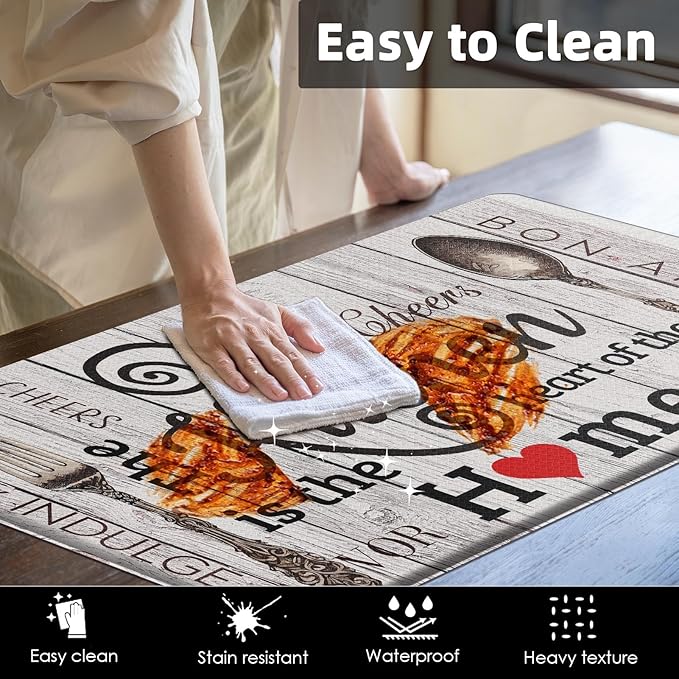 Arttown Farmhouse Anti-Fatigue Kitchen Rug Set of 2 Heart Home Brown Grey Vintage Cushioned Floor Standing Mat Waterproof Non-Slip Kitchen Mat and PVC Ergonomic Comfort Foam Rug