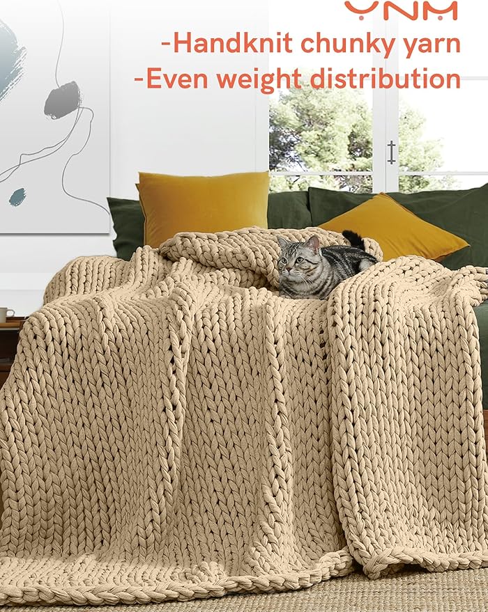 YnM Cotton Weighted Blanket, Handmade Chunky Knitted Design, Soft and Cozy, Temperature Regulating and Breathable, Machine Washable Throw for Sleep or Home Decor (Beige, 60x80 Inch, 25lbs)