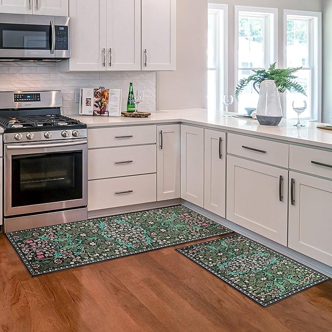 Vintage Floral Kitchen Mat Set of 2, Dark Green Floral Kitchen Rugs and Mats Non Slip Washable, Home Decor Low-Profile Kitchen Rugs for Floor (17”x30“+17''x47'')