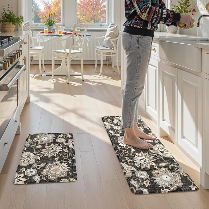 LEEVAN Anti Fatigue Mats for Kitchen Floor 2 Piece,Cushioned Memory Foam Black Kitchen Mats for Floor,Comfort Floral Boho Non Slip Kitchen Floor Mat for Sink,Laundry,Office(17''x29''+17''x47'')