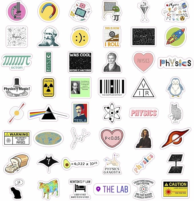 BulbaCraft Physics Stickers for Water Bottle and Laptop - Science Party Supplies & Decorations, Waterproof Vinyl Decals, Physics Formulas Stickers, Gifts for Women & Men