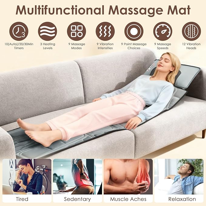 Full Body Massage Mat with Heating, Detachable Shiatsu Neck Massager, Vibration Massage Mats with Lumbar Pillow, 9 Vibration 3 Timer Settings, Gift for Men Women Parents Christmas
