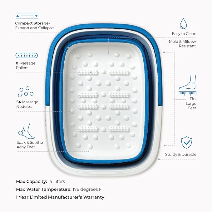 Mantello Collapsible Foot Bath Foot Soaking Tub | Portable Foot Spa Pedicure Bowl | Large Basin to Soak & Wash Feet | Folding Bucket with Carry Handle | White & Grey, Blue, Green [Blue]