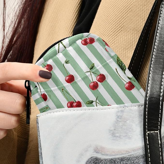 Vertical Green and White Striped Cherries Travel Pill Organizer Case Box Container Weekly Portable Vitamin Medicine Holder Storage Bag with Zipper Removable